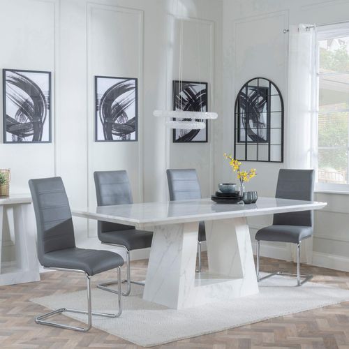 Milan White Marble Dining Set - Roma Grey Faux Leather Dining Chair