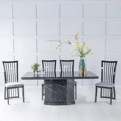 Naples Black Marble Dining Set - Athena Black High Gloss Slatted Back Dining Chair with Grey Seat Pads