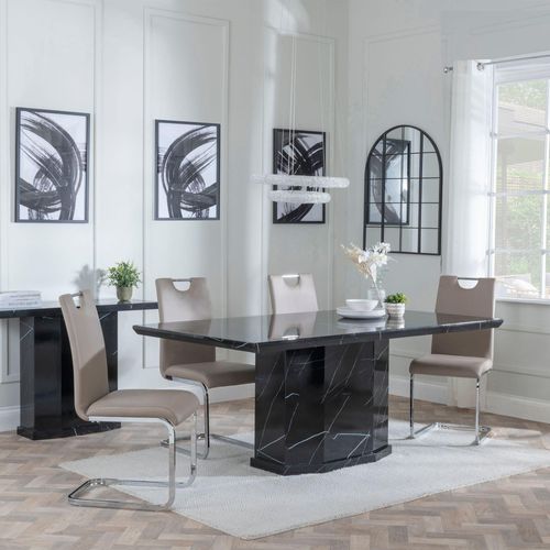 Naples Black Marble Dining Set - Bianco Beige Faux Leather Dining Chair