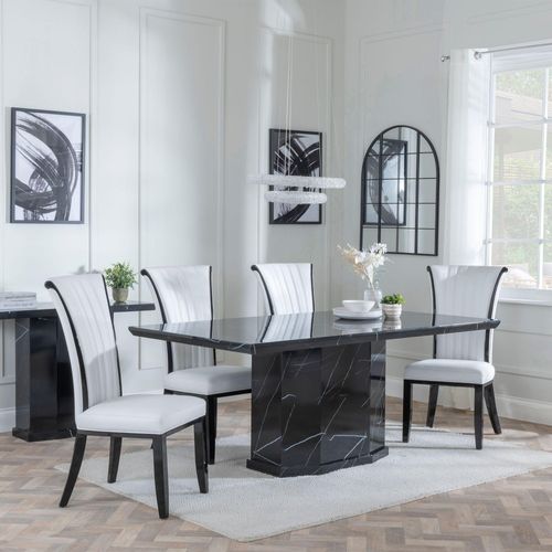 Naples Black Marble Dining Set - Cadiz White Leather Dining Chair