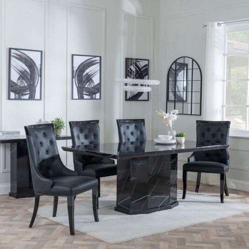 Naples Black Marble Dining Set - Carmela Black Leather Dining Chair