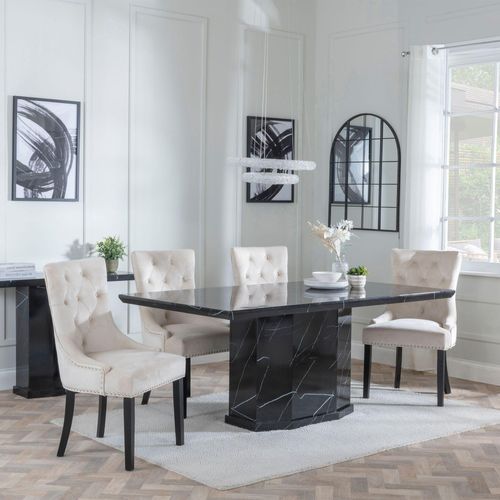 Naples Black Marble Dining Set - Knocker Back Champagne Velvet Fabric Dining Chair with Black Wooden Legs