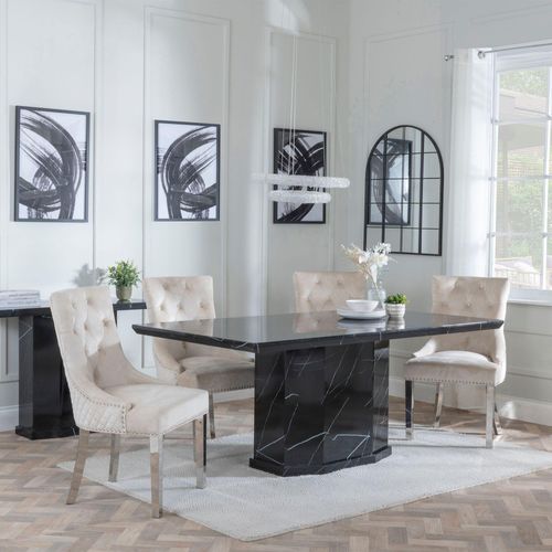 Naples Black Marble Dining Set - Lion Knocker Back Champagne Velvet Fabric Dining Chair with Chrome Legs