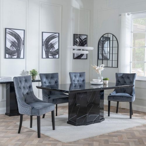 Naples Black Marble Dining Set - Lion Knocker Back Grey Velvet Fabric Dining Chair with Black Wooden Legs