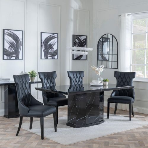 Naples Black Marble Dining Set - Mimi Black Leather Dining Chair