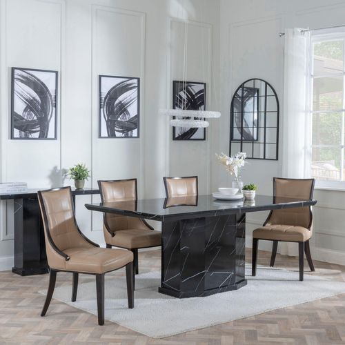 Naples Black Marble Dining Set - Paris Taupe Leather Dining Chair with Brown Legs