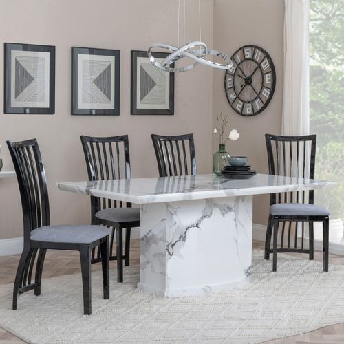 Naples White Marble Dining Set - Athena Black High Gloss Slatted Back Dining Chair with Grey Seat Pads
