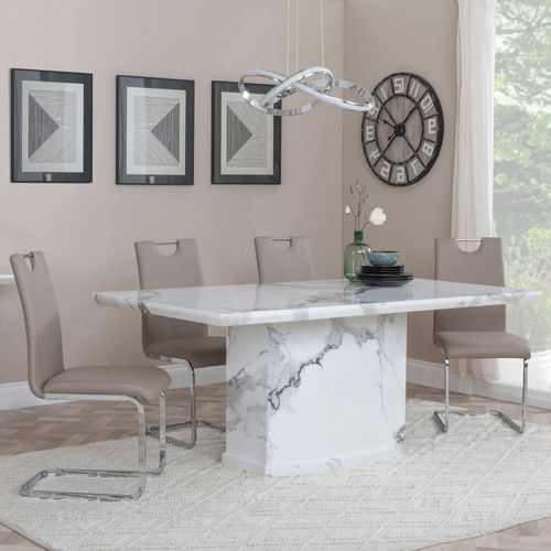 Naples Dining Set - 6 Seater - 160cm - White Marble - Bianco Dining Chairs - Beige Faux Leather