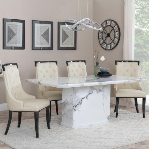 Naples White Marble Dining Set - Carmela Cream Leather Dining Chair