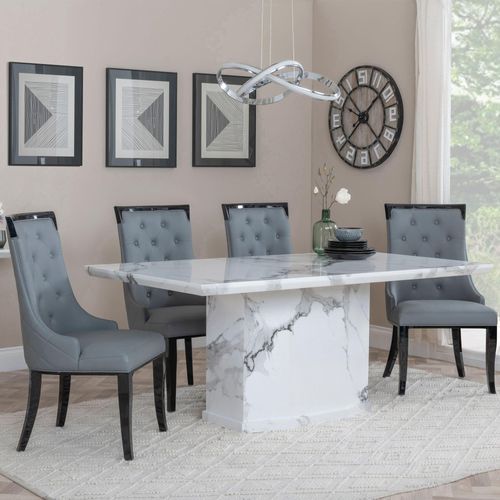 Naples White Marble Dining Set - Carmela Grey Leather Dining Chair