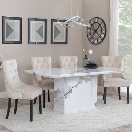 Naples White Marble Dining Set - Knocker Back Champagne Velvet Fabric Dining Chair with Black Wooden Legs