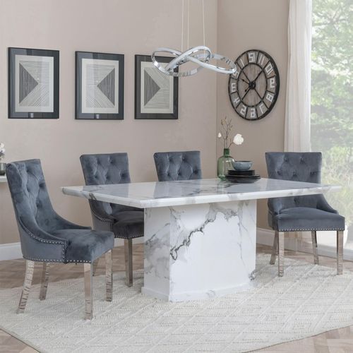 Naples White Marble Dining Set - Knocker Back Grey Velvet Fabric Dining Chair with Chrome Legs