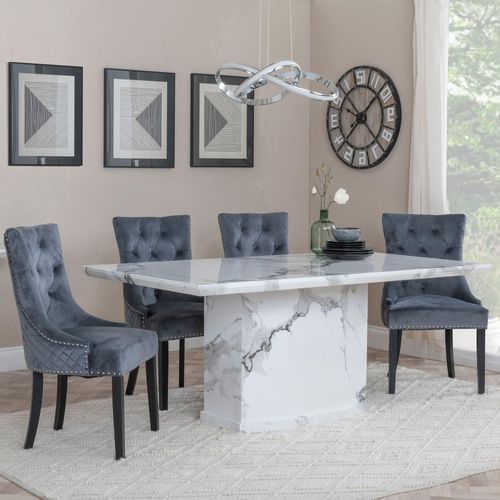 Naples White Marble Dining Set - Lion Knocker Back Grey Velvet Fabric Dining Chair with Black Wooden Legs