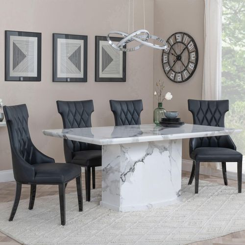 Naples White Marble Dining Set - Mimi Black Leather Dining Chair