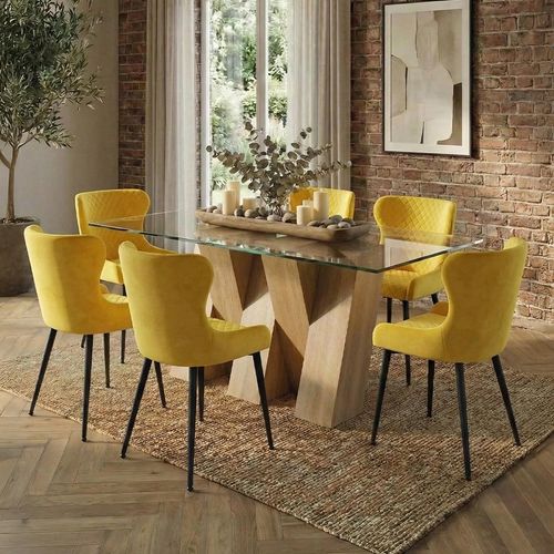 Newton Dining Set - 6 Seater - 180cm - Clear Glass and Natural - 6 Langley Yellow Fabric Chair