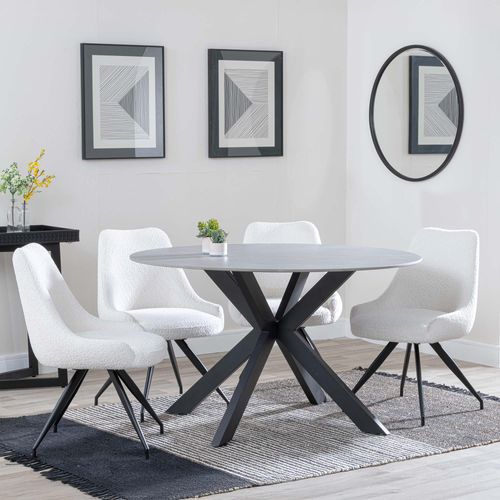 Novara Dining Set - 4 Seater - 130cm - Round - Grey Ceramic - 4x Arctic Dining Chairs - Cream Velvet Fabric - Swivel