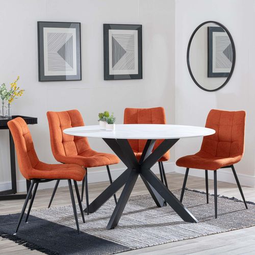 Novara White Ceramic 4 Seater Round Dining Set - 4 Corona Orange Fabric Dining Chair