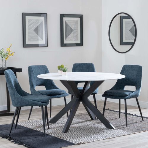 Novara White Ceramic 4 Seater Round Dining Set - 4 Peyton Blue Fabric Dining Chair