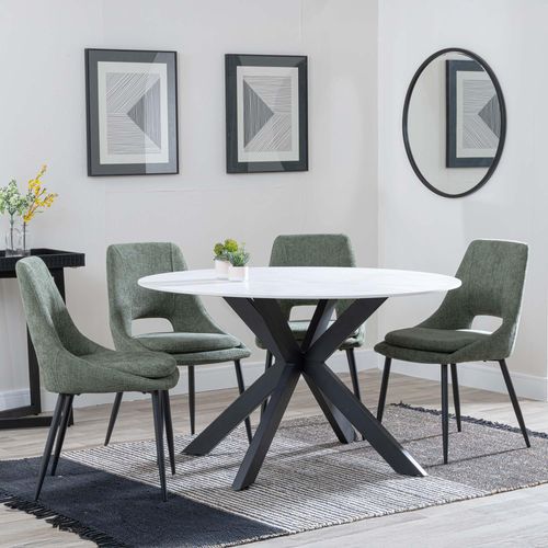 Novara White Ceramic 4 Seater Round Dining Set - 4 Peyton Green Fabric Dining Chair