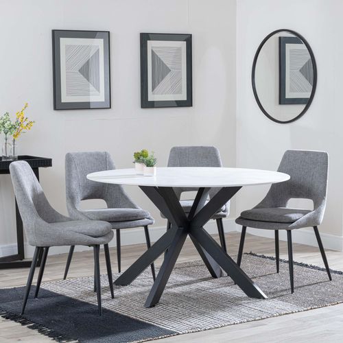 Novara White Ceramic 4 Seater Round Dining Set - 4 Peyton Grey Fabric Dining Chair