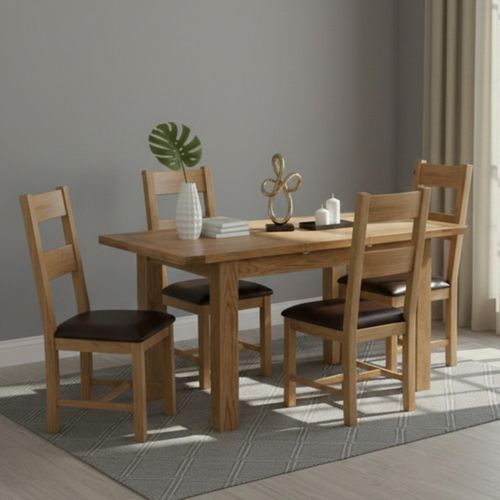 Original Extending Dining Set - 4-6 Seater - 120cm-153cm - Rustic Oak - 4 Ladder Back Chair with Dark Brown Faux Leather Seat Pad
