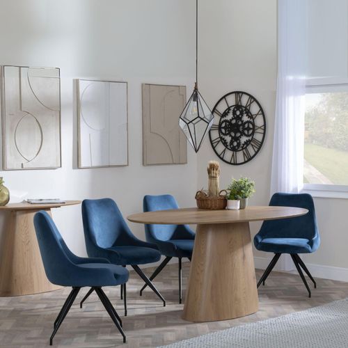 Palma Oak Oval Dining Set - Arctic Blue Velvet Fabric Swivel Dining Chair