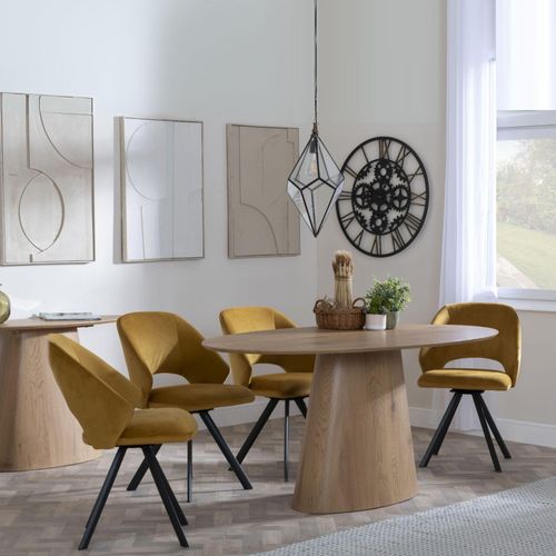 Palma Oak Oval Dining Set - Ion Mustard Velvet Fabric Swivel Dining Chair