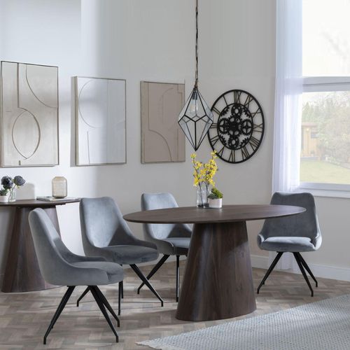 Palma Walnut Oval Dining Set - Arctic Grey Velvet Fabric Swivel Dining Chair