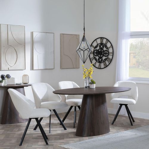 Palma Walnut Oval Dining Set - Ion Cream Boucle Teddy Fabric Swivel Dining Chair