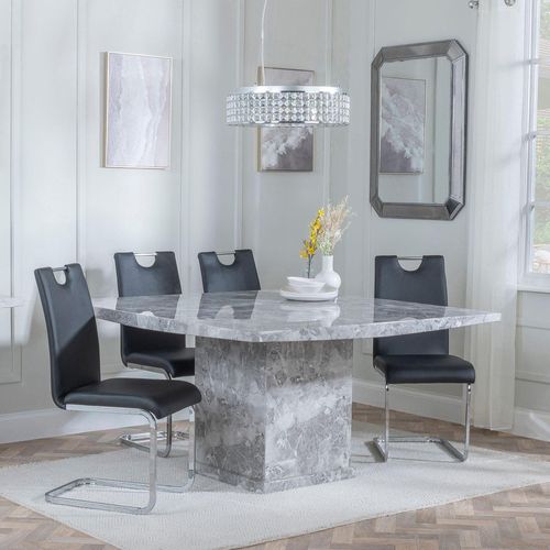 Turin Grey Marble Square Dining Set - Bianco Black Faux Leather Dining Chair