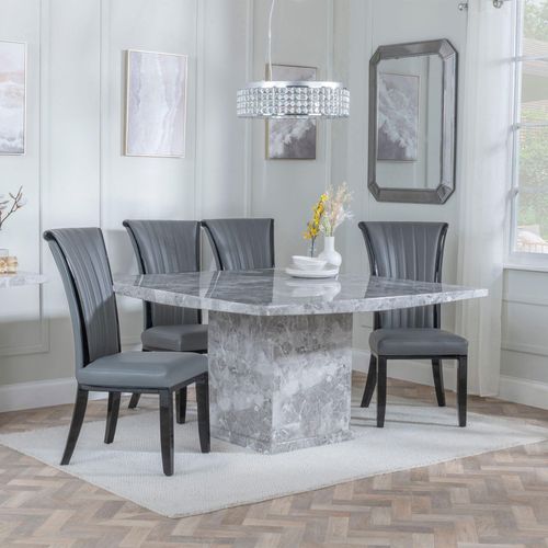 Turin Grey Marble Square Dining Set - Cadiz Grey Leather Dining Chair