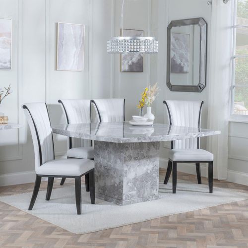 Turin Grey Marble Square Dining Set - Cadiz White Leather Dining Chair