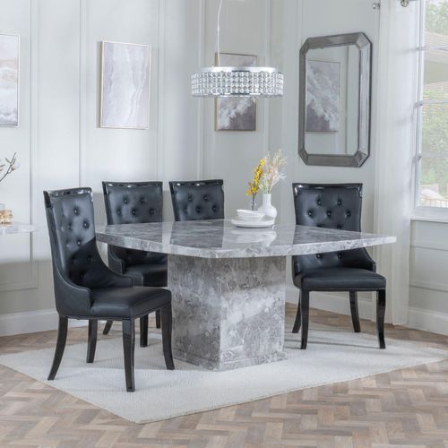 Turin Grey Marble Square Dining Set - Carmela Black Leather Dining Chair