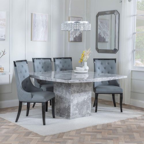 Turin Grey Marble Square Dining Set - Carmela Grey Leather Dining Chair