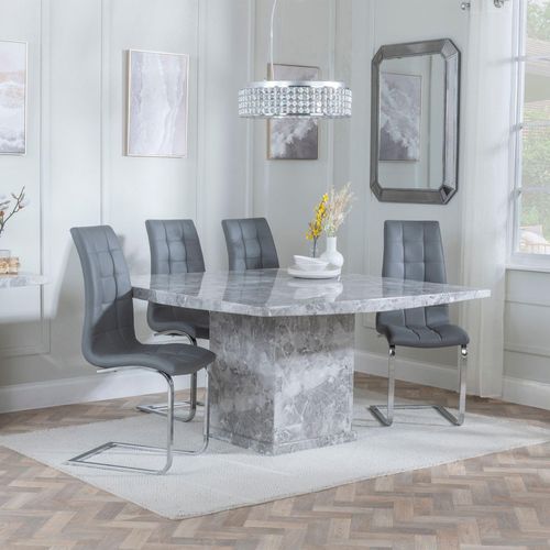 Turin Grey Marble Square Dining Set - Jamison Grey Faux Leather Dining Chair