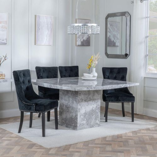Turin Grey Marble Square Dining Set - Knocker Back Black Velvet Fabric Dining Chair with Black Wooden Legs