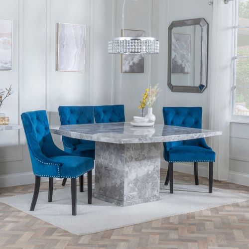 Turin Grey Marble Square Dining Set - Knocker Back Blue Velvet Fabric Dining Chair with Black Wooden Legs