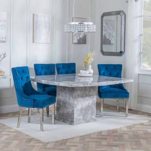 Turin Grey Marble Square Dining Set - Knocker Back Blue Velvet Fabric Dining Chair with Chrome Legs