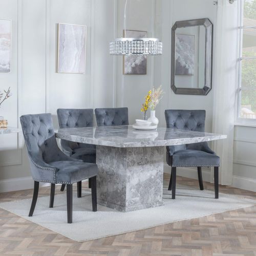 Turin Grey Marble Square Dining Set - Knocker Back Grey Velvet Fabric Dining Chair with Black Wooden Legs
