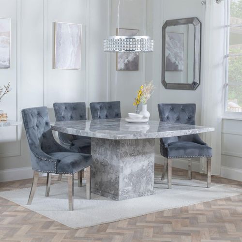 Turin Grey Marble Square Dining Set - Knocker Back Grey Velvet Fabric Dining Chair with Chrome Legs