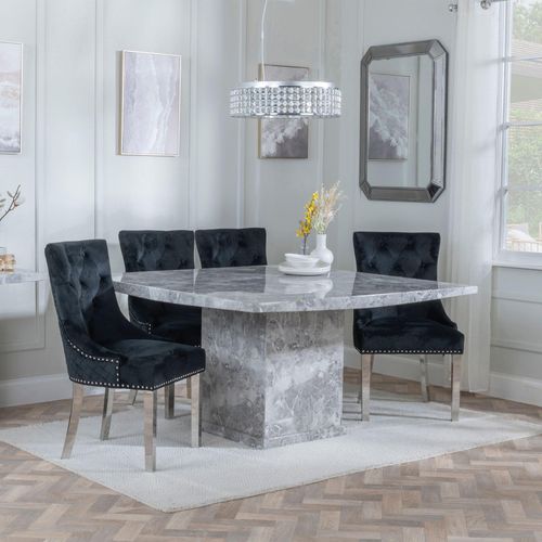 Turin Grey Marble Square Dining Set - Lion Knocker Back Black Velvet Fabric Dining Chair with Chrome Legs