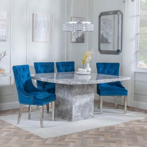 Turin Grey Marble Square Dining Set - Lion Knocker Back Blue Velvet Fabric Dining Chair with Chrome Legs