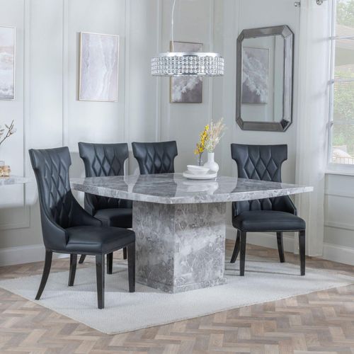 Turin Grey Marble Square Dining Set - Mimi Black Leather Dining Chair