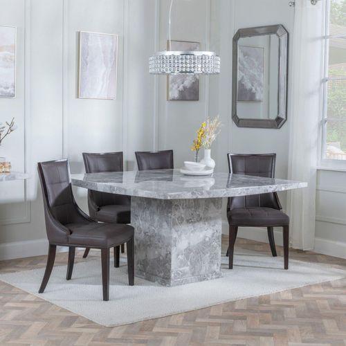 Turin Grey Marble Square Dining Set - Paris Brown Leather Dining Chair with Brown Legs