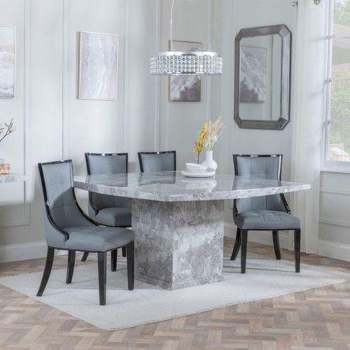 Turin Grey Marble Square Dining Set - Paris Grey Leather Dining Chair with Black Legs