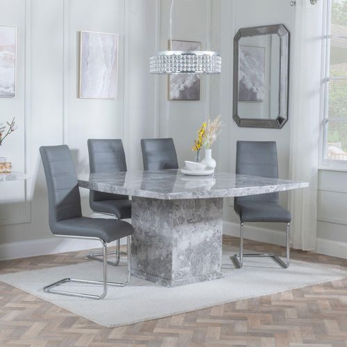 Turin Grey Marble Square Dining Set - Roma Grey Faux Leather Dining Chair