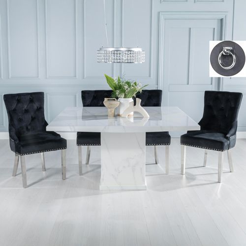 Turin White Marble Square Dining Set - Black Fabric Knocker Back Dining Chair with Chrome Legs