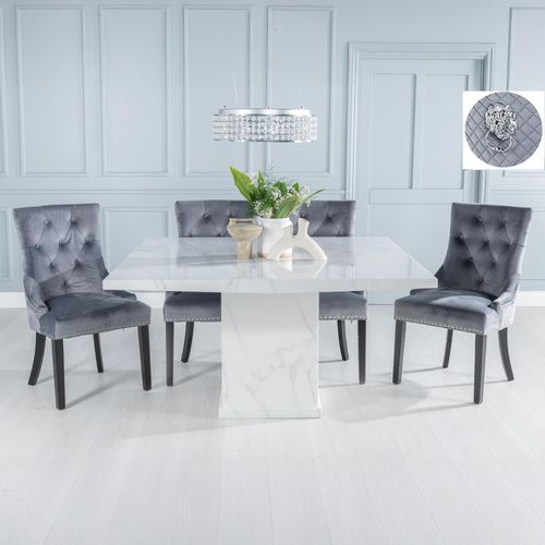 Turin White Marble Square Dining Set - Grey Fabric Lion Head Ring Back Dining Chair with Black Legs