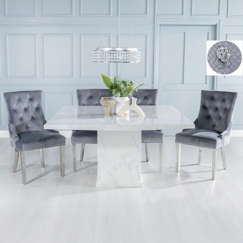 Turin White Marble Square Dining Set - Grey Fabric Lion Head Ring Back Dining Chair with Chrome Legs