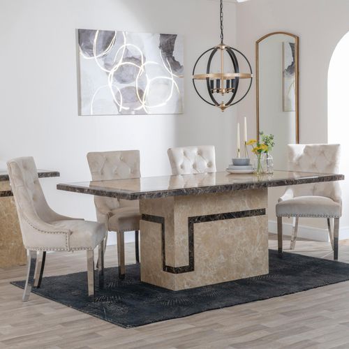 Venice Cream Marble Dining Set - Knocker Back Champagne Velvet Fabric Dining Chair with Chrome Legs